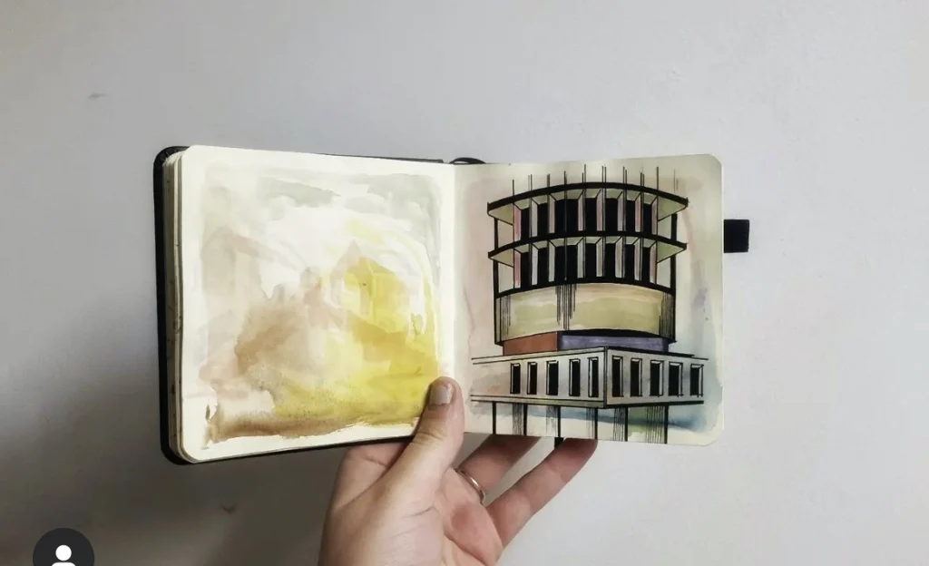 A watercolour painting of Staying Cool's Rotunda apart hotel by local artist Bethany Dartnell