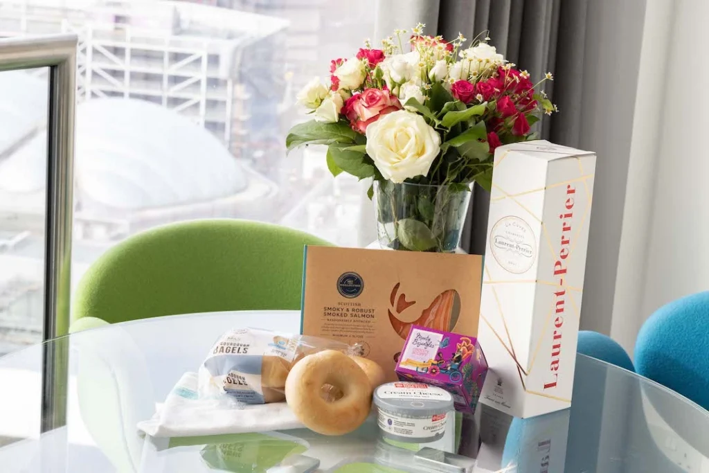 Staying Cool's ultimate lovers bundle includes champagne, chocolate truffles, smoked salmon bagels and a bouquet of flowers