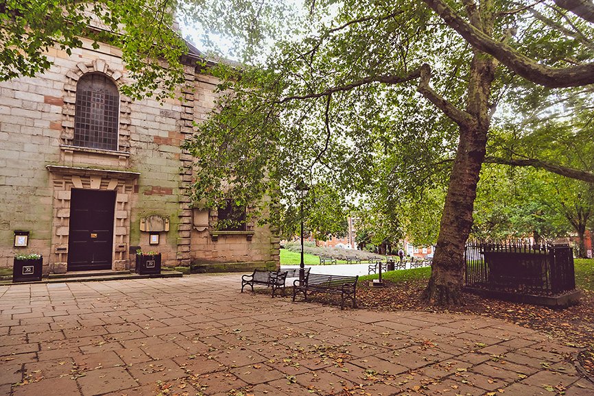 A photo of the church and it's gardens in St Paul's Square at the centre of Birmingham's Jewellery Quarter.