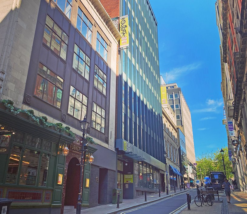 Blue skies above Birmingham's up and coming Temple Street, located just 3 minutes walk from Staying Cool's Rotunda Apart Hotel.