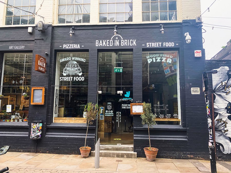 The exterior of Baked in Brick pizzeria restaurant in Digbeth Birmingham.