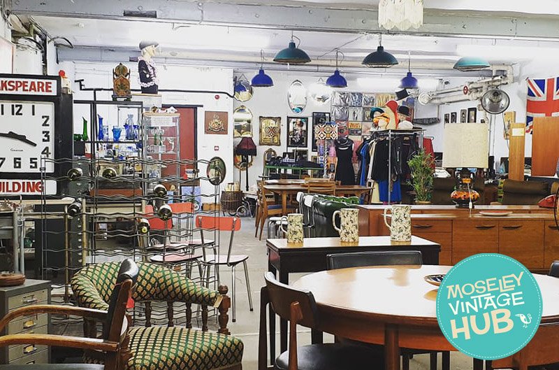 Inside Moseley Vintage Hub in Digbeth Birmingham. A Short walk from Staying Cool's Rotunda apart hotel.