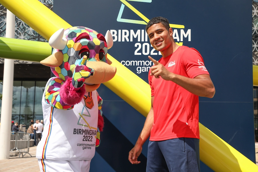Perry-the-bull-the-mascot-for-Birmingham-2022-common-wealth-games-and-Delicious-Orie-England-Boxing-credit-Denise-Maxwell-Lensi-Photography