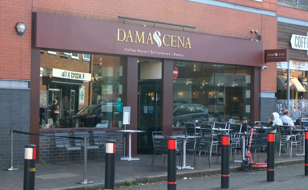 Outside Damansca coffee house in Birmingham's Jewellery Quarter