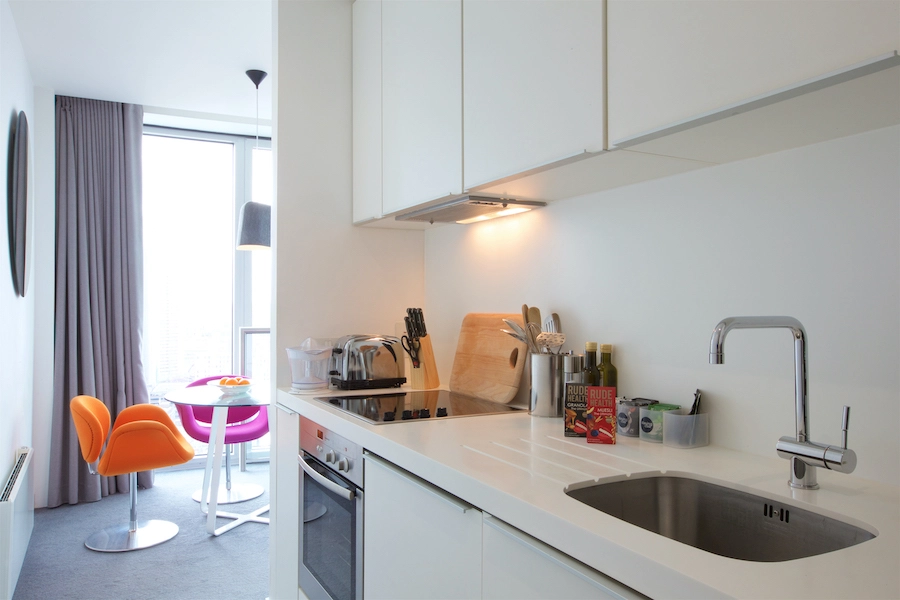 Staying Cool studio apartment kitchen at Rotunda, perfect for a night in after a busy day at the NEC.