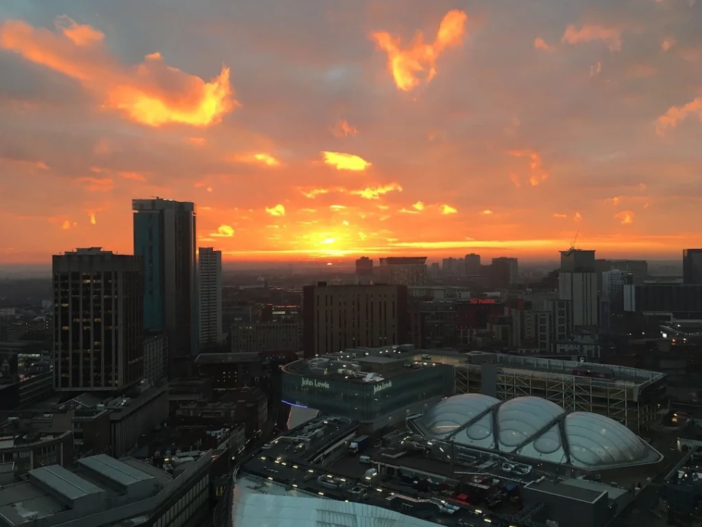 Sunset over Birmingham taken from Staying Cool's apart hotel top floor penthouse.
