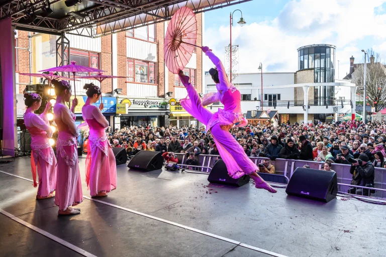 A stage performance during celebrations of Chinese New Year in Birmingham's Southside District