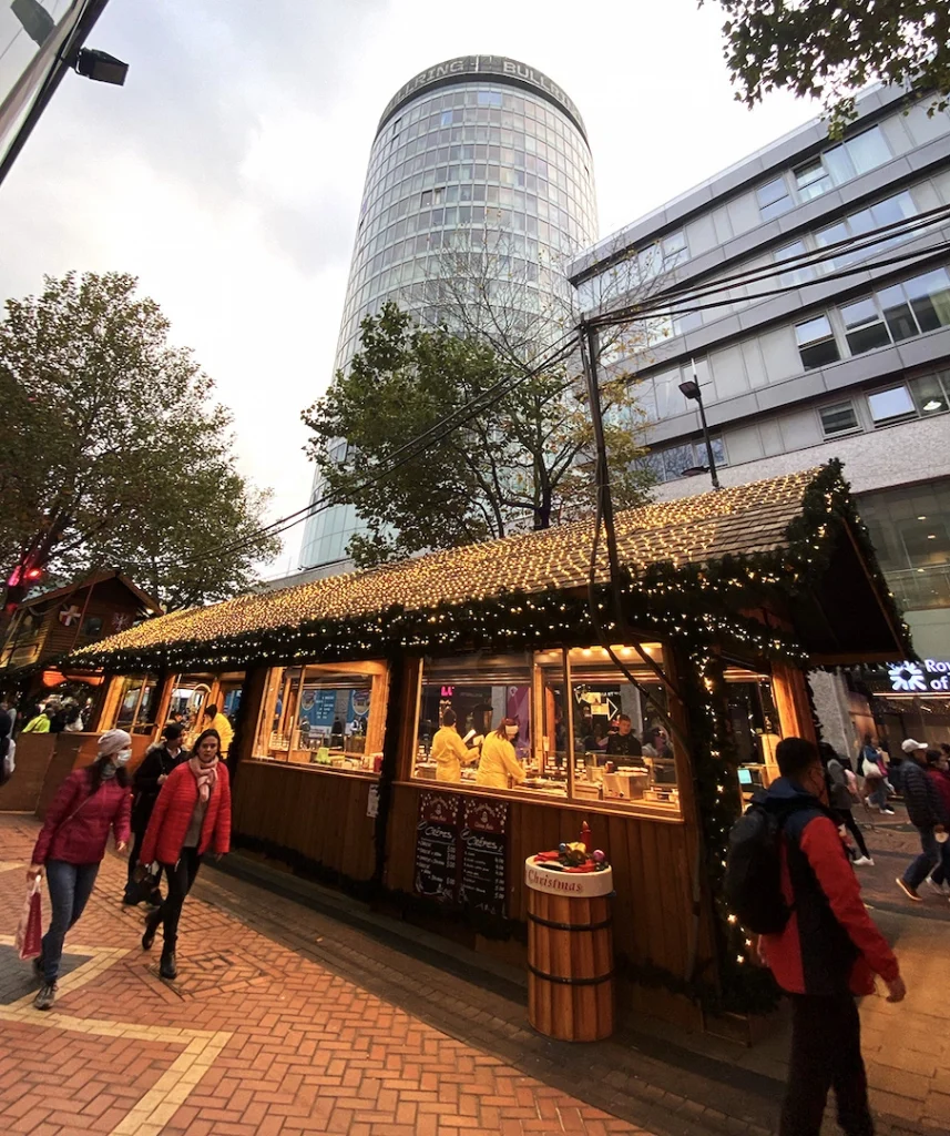 Birmingham's famous german christmas market outside Staying Cool's Rotunda apart hotel in November 2021