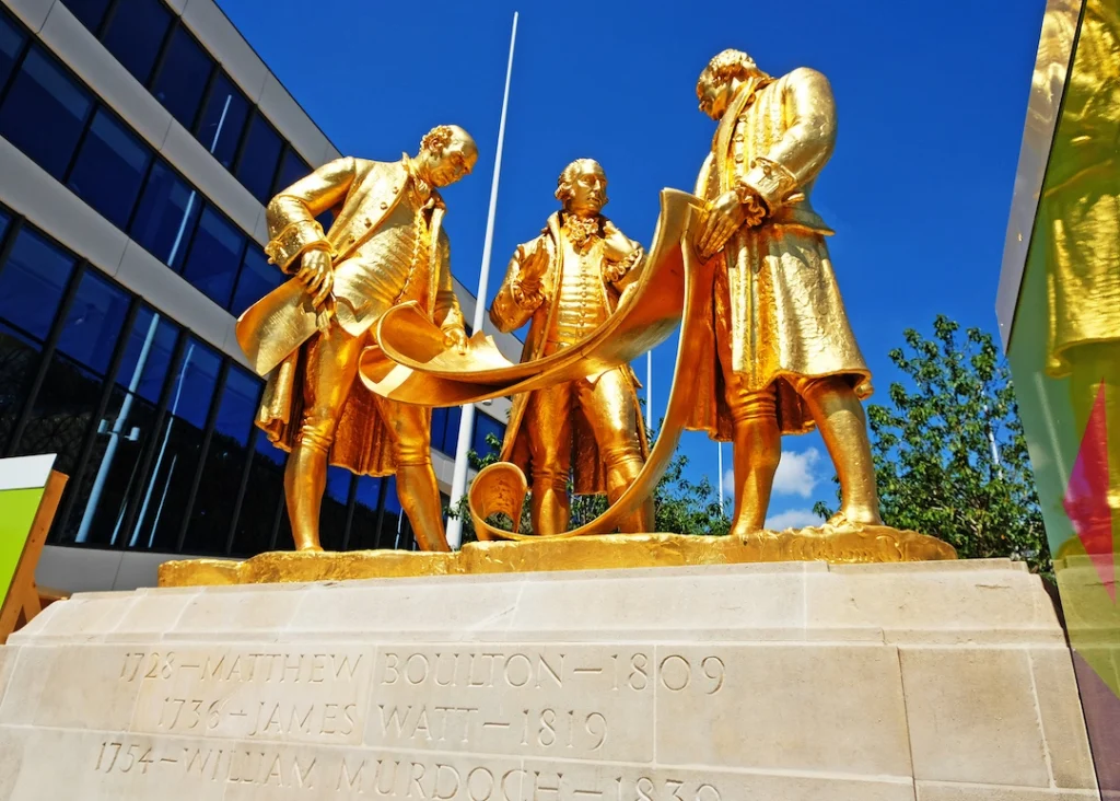 Boulton, Watt and Murdoch statues by William Boyle, 1956 (Regilded 2006)