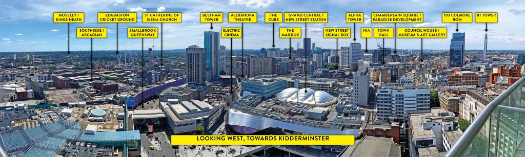 Staying Cool at Rotunda's city views looking West. You'll spot landmarks including the BT Tower, The Mailbox and Grand Central/New Street Station.