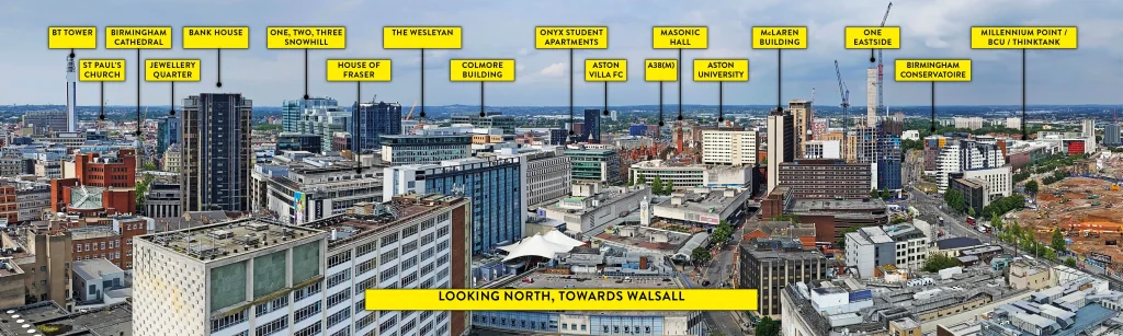 Staying Cool at Rotunda's city views looking West. You'll get views of Birmingham Cathedral, One Two and Three Snow Hill and Aston Villa FC.