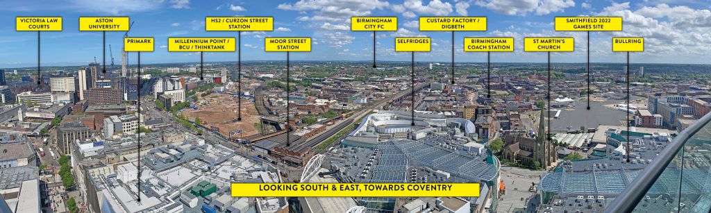 Staying Cool at Rotunda's city views looking South & East towards Coventry. You'll be able to see HS2 Curzon Street, Birmingham City FC, the Custard Factory and the Commonwealth Games 2022 Smithfield site.